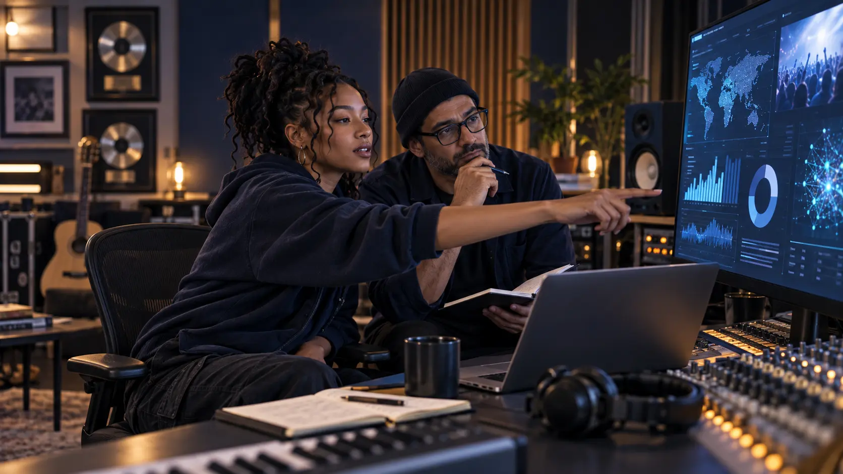 An artist and creative team reviewing career intelligence in a studio.