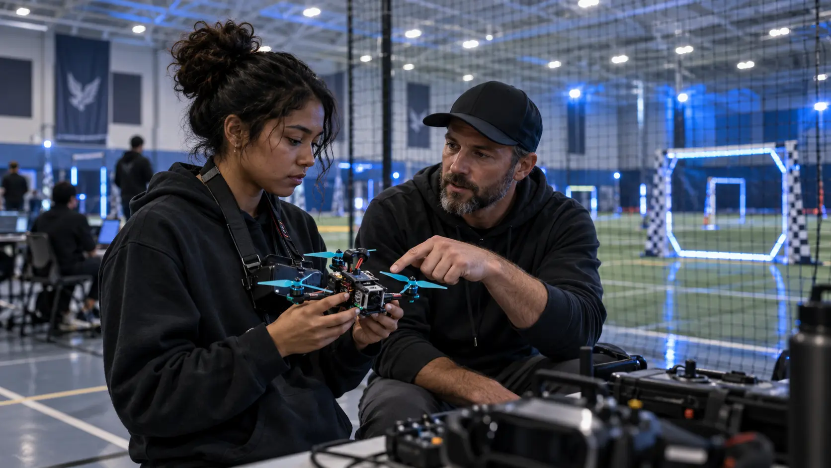 A college drone-racing student and coach working together.