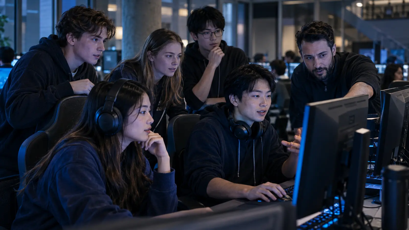 White and Asian college esports students collaborating in a campus computer lab.