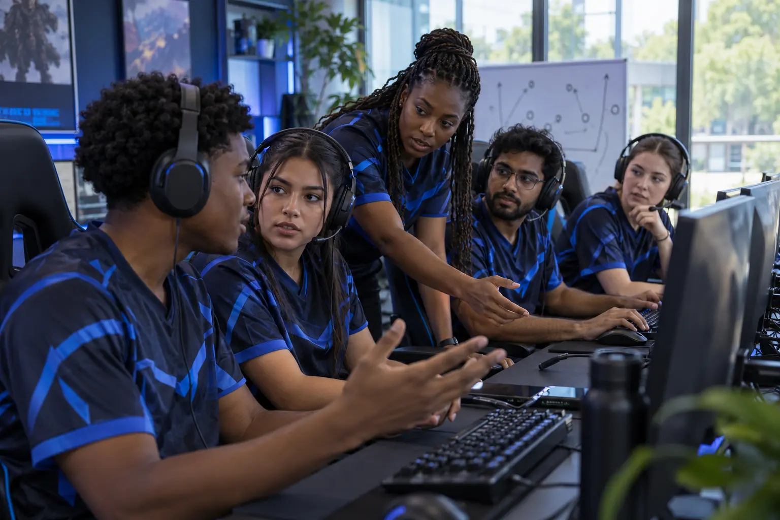 A diverse esports team in coordinated jerseys collabor during practice in a modern gaming lab.