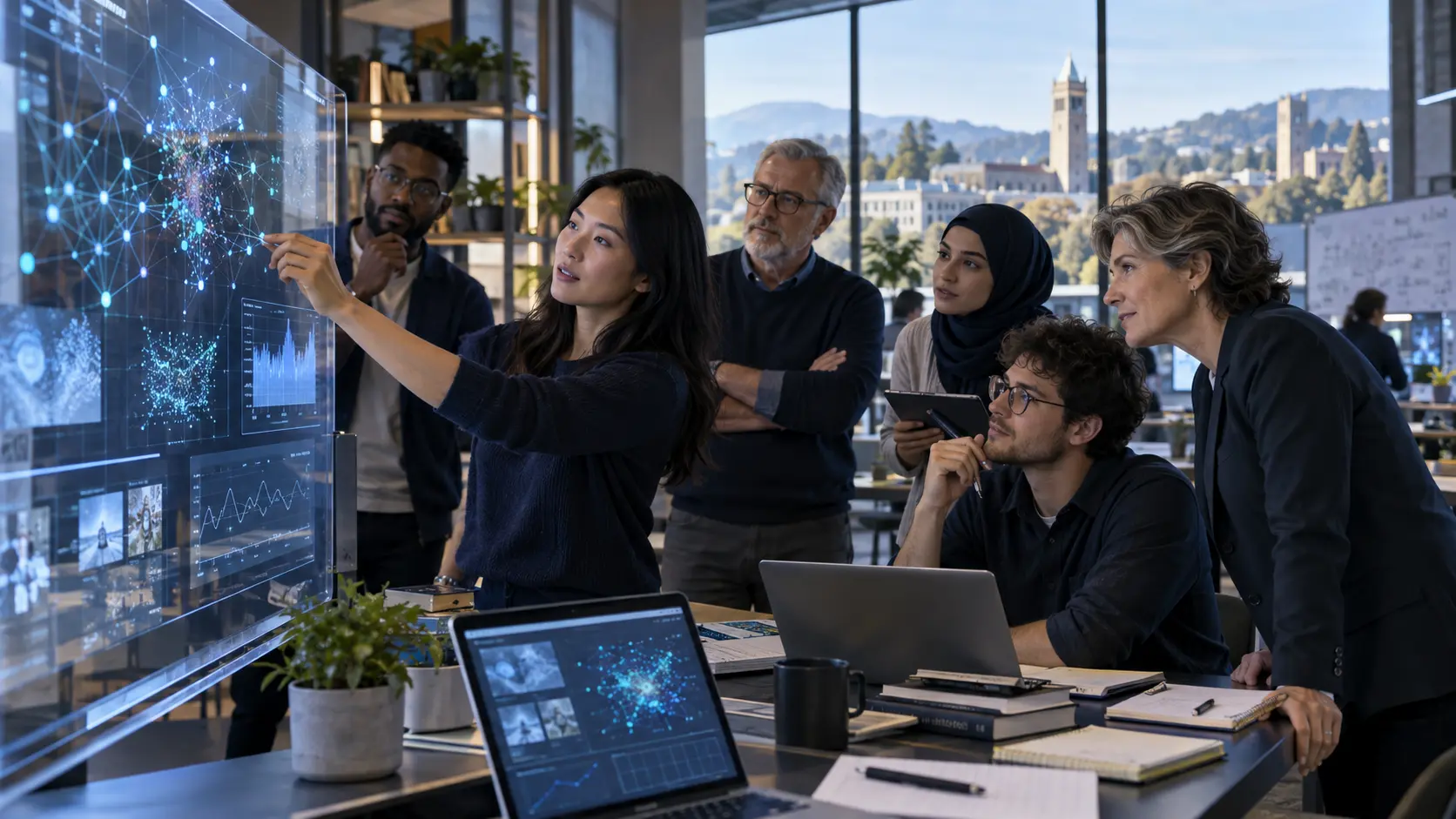 A diverse team collaborating in a human-centered artificial intelligence lab.
