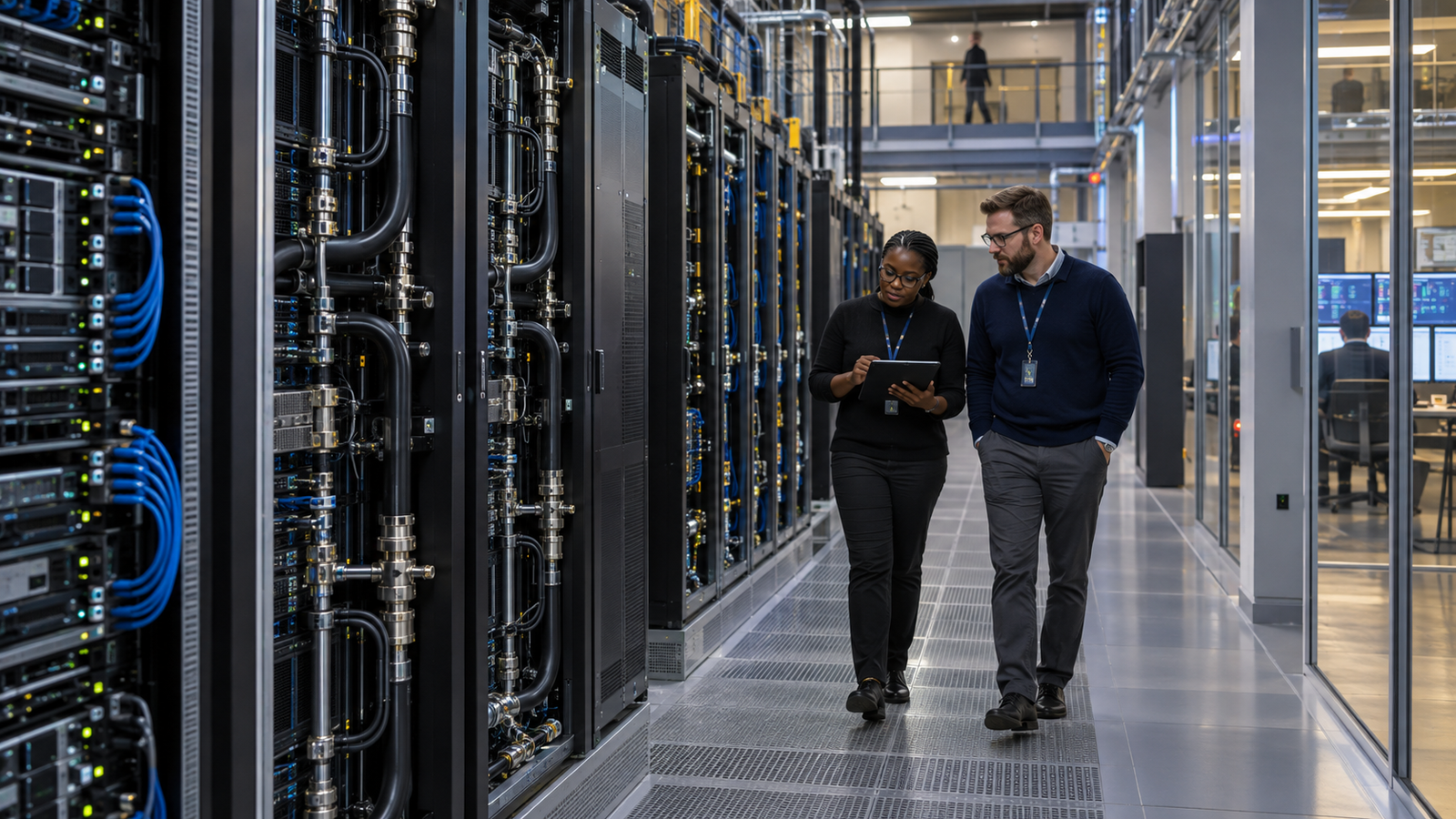 Two infrastructure engineers inspect liquid-cooled AI compute systems in a secure high-performance computing facility.