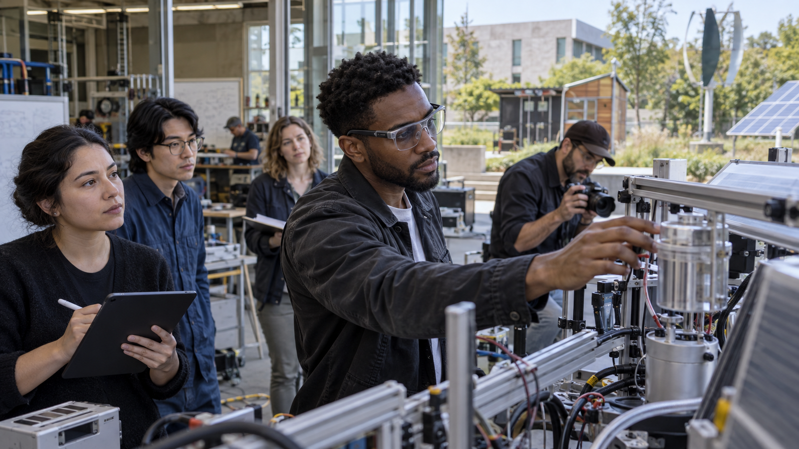 A Black male graduate researcher wearing lightweight augmented-reality glasses tests an energy-system prototype with a university research team.