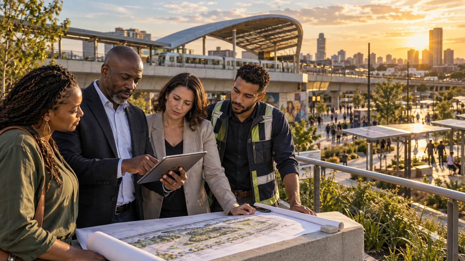 An African civic innovation leader reviews plans with a multidisciplinary team at a public infrastructure site.