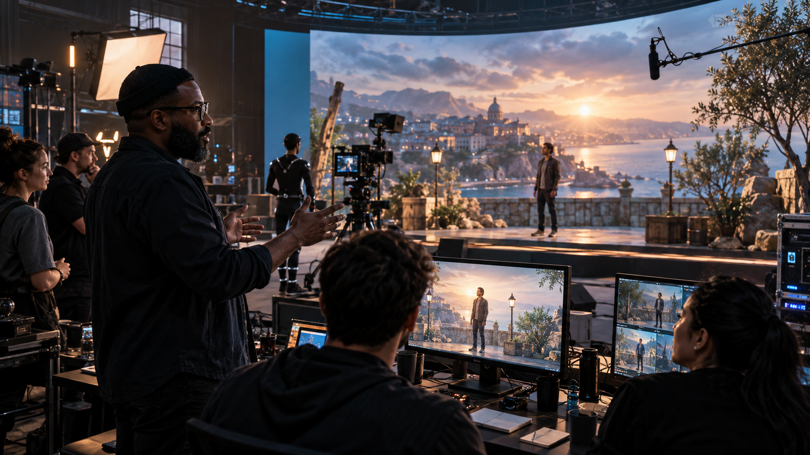 A Black male creative director guides a diverse production team testing an interactive story inside a virtual production studio.