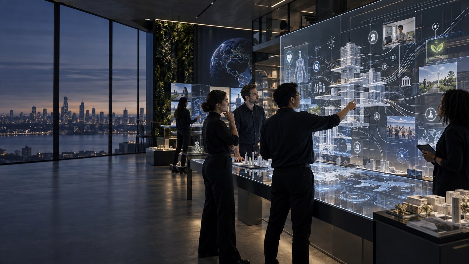 A multidisciplinary team maps an interconnected institutional system across a large digital wall in an advanced design studio.