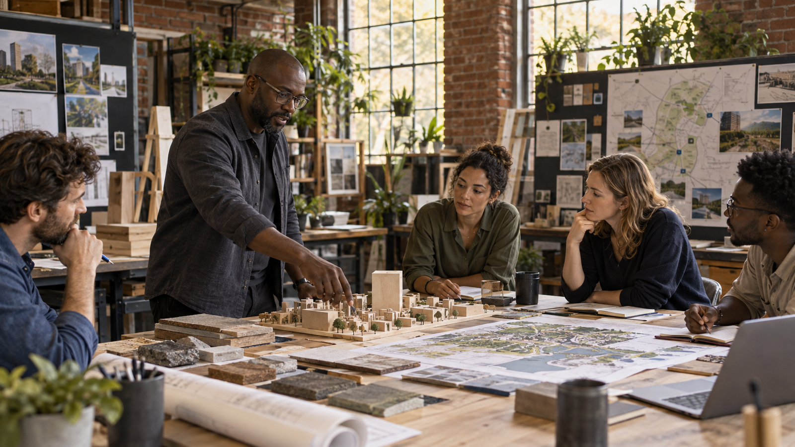An African male design lead guides a multidisciplinary partnership team around a physical prototype in an adaptive-reuse studio.