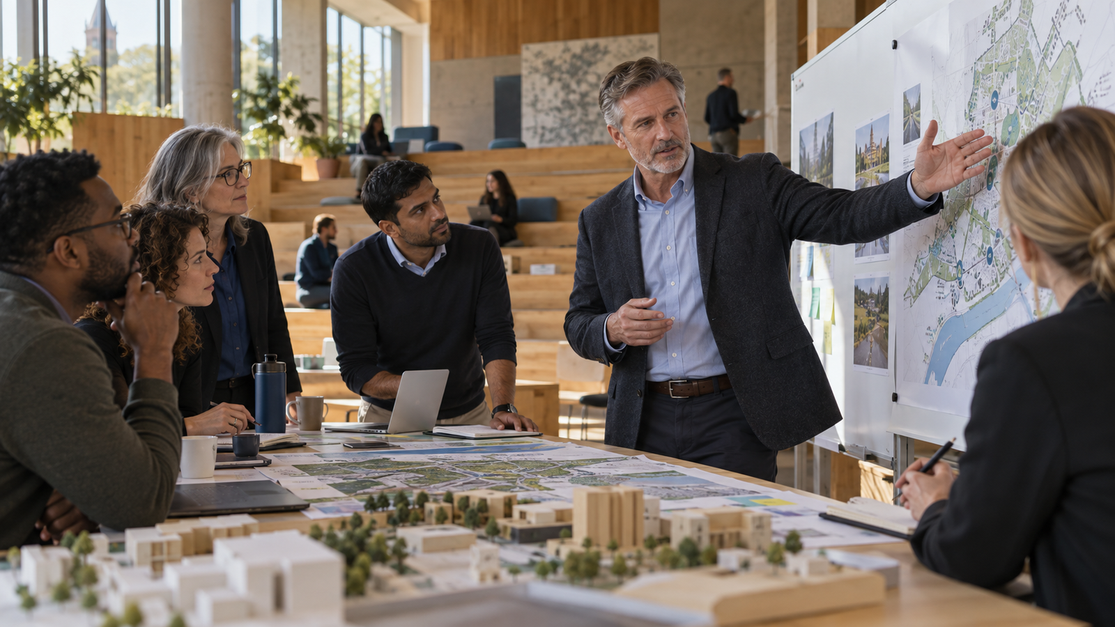 A white male strategy lead facilitates an institutional planning forum with university, technology, and civic leaders.