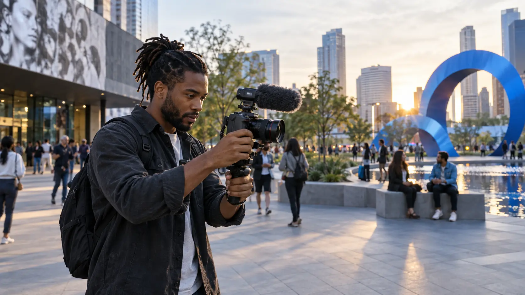 A content creator filming in an active public space.